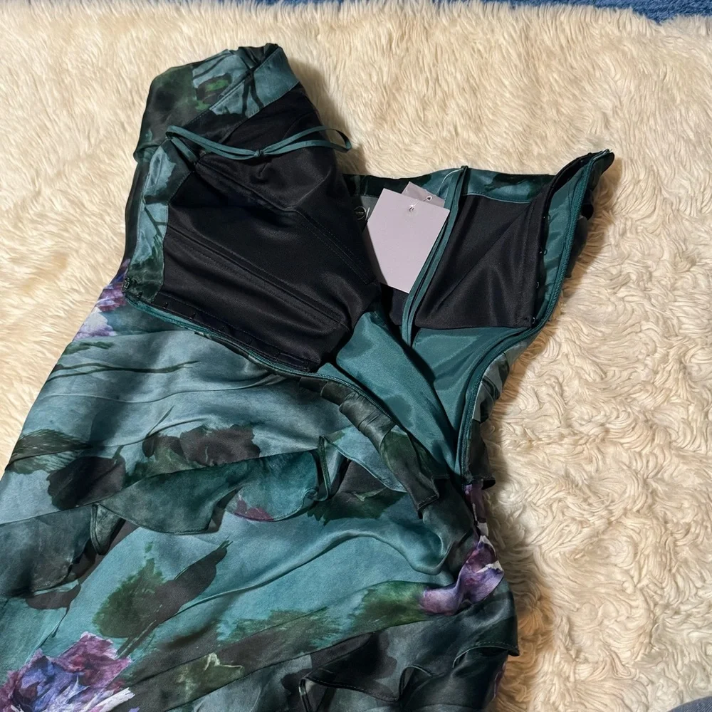 Theia Dark Teal & Purple Floral Strapless Ruffled Gown Size 8 NWT ⭐️⭐️⭐️⭐️⭐️ - Picture 4 of 11
